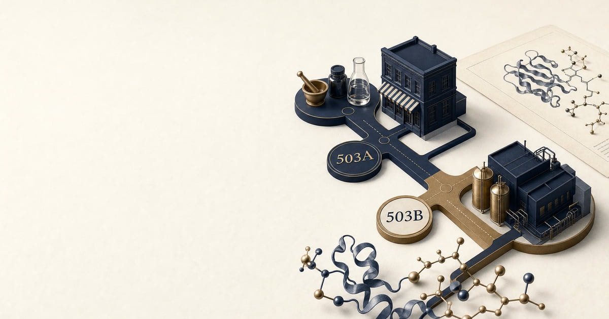 503A vs 503B compounding pathways diagrammed in deep navy and warm brass, regulatory primer cover illustration on cream