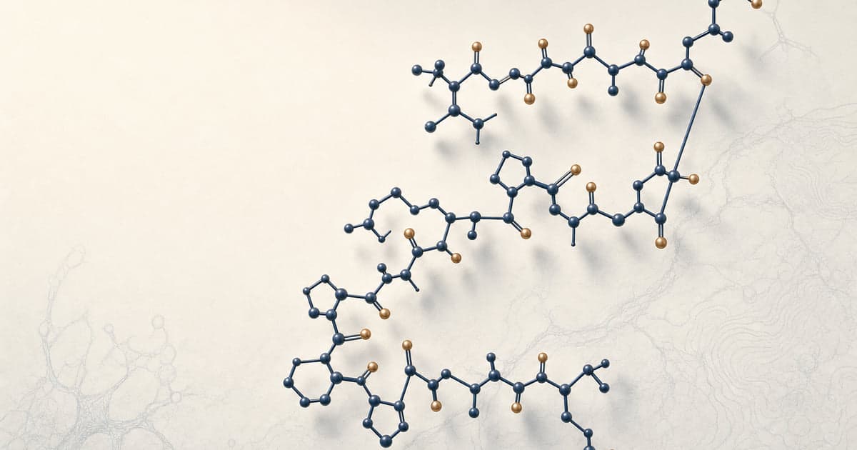 BPC-157 pentadecapeptide ball-and-stick structure in deep navy and warm brass, the synthetic 15-amino-acid research peptide