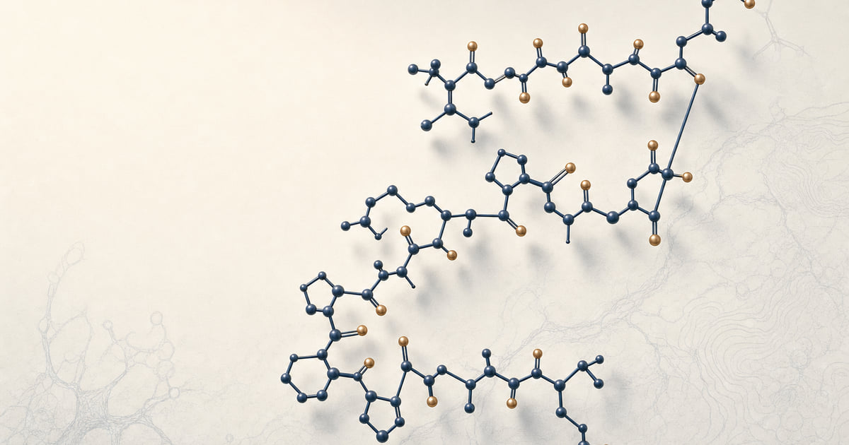 BPC-157 pentadecapeptide ball-and-stick structure in deep navy and warm brass, the synthetic 15-amino-acid research peptide