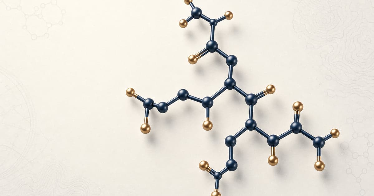 Epitalon AEDG tetrapeptide molecular structure in deep navy and warm brass, Khavinson telomere-research peptide on cream