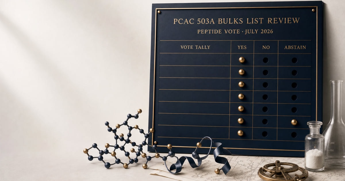 FDA peptide vote tally board for the July 2026 PCAC 503A bulks list review in deep navy and warm brass