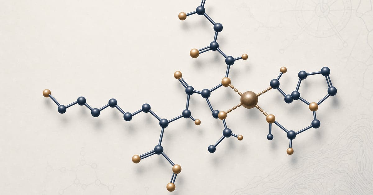 GHK-Cu copper tripeptide and its square-planar copper-coordination site, in deep navy and warm brass on cream
