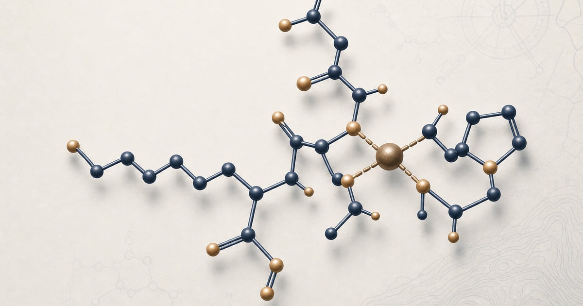GHK-Cu copper tripeptide and its square-planar copper-coordination site, in deep navy and warm brass on cream