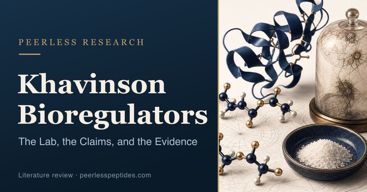 Khavinson bioregulators Epitalon and Pinealon, short Glu-Asp peptides, in deep navy and warm brass on cream