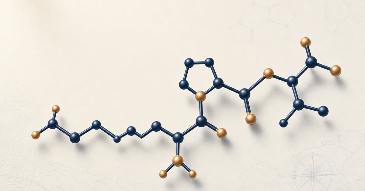 KPV peptide structure, the Lys-Pro-Val C-terminal fragment of alpha-MSH, in deep navy and warm brass on cream