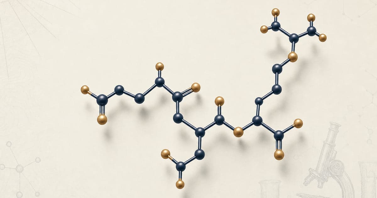 Pinealon EDR tripeptide structure in deep navy and warm brass, Khavinson short-peptide bioregulator on cream