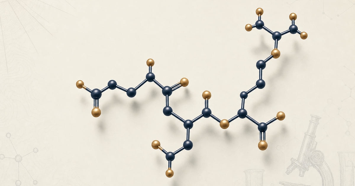 Pinealon EDR tripeptide structure in deep navy and warm brass, Khavinson short-peptide bioregulator on cream