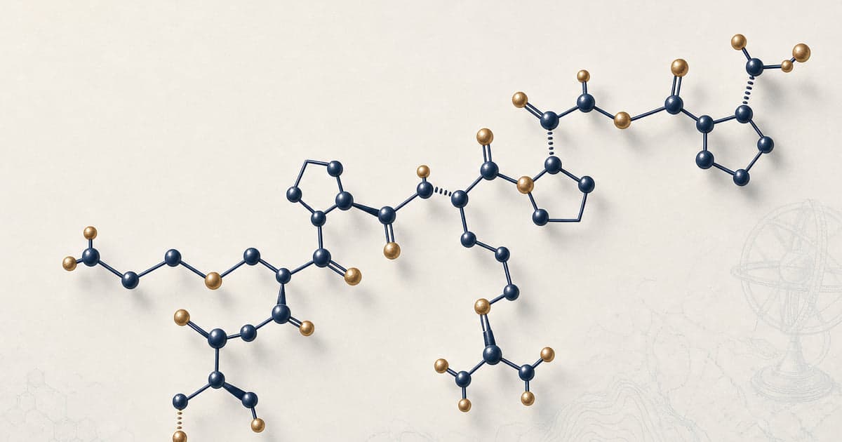 Selank heptapeptide TKPRPGP ball-and-stick structure in deep navy and warm brass, the Russian tuftsin analog peptide