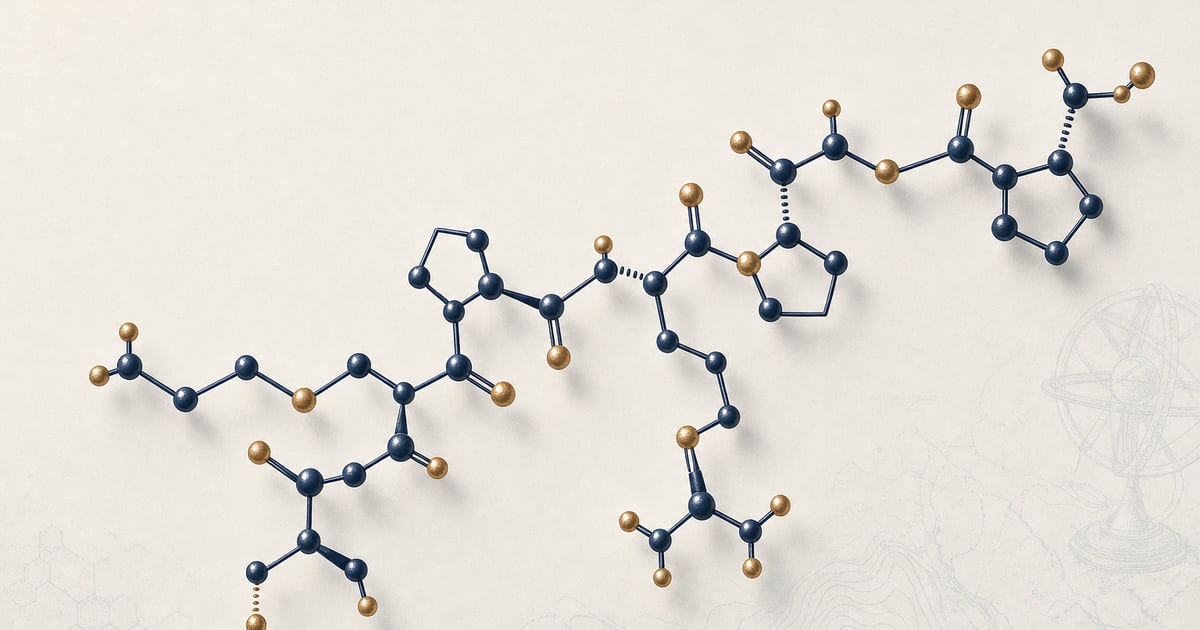 Selank heptapeptide TKPRPGP ball-and-stick structure in deep navy and warm brass, the Russian tuftsin analog peptide