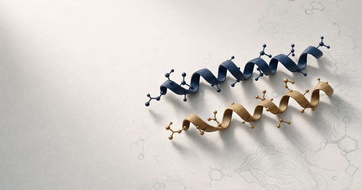 Selank and Semax peptide ribbon diagrams in deep navy and warm brass, two heptapeptides from the IMG Moscow lab