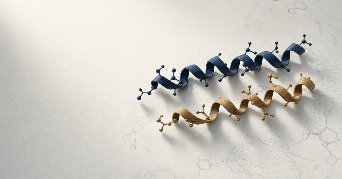 Selank and Semax peptide ribbon diagrams in deep navy and warm brass, two heptapeptides from the IMG Moscow lab