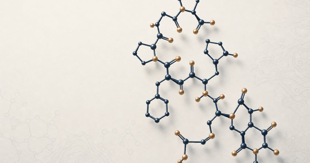 Semax heptapeptide MEHFPGP ball-and-stick structure in deep navy and warm brass, the Russian ACTH(4-7) analog peptide