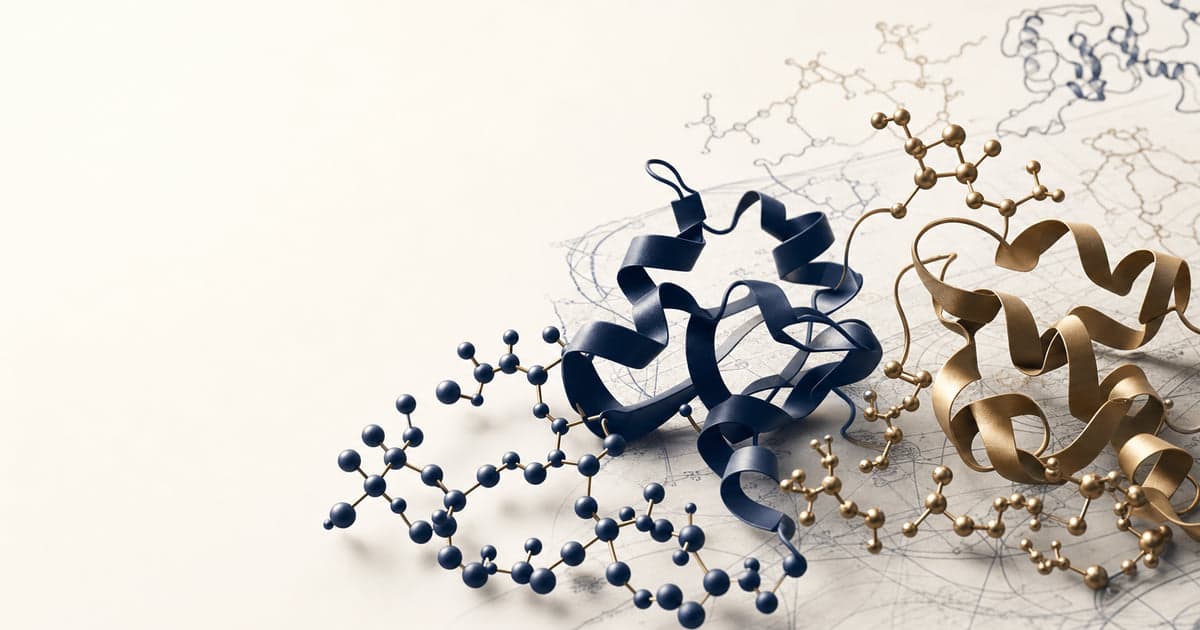 Sermorelin and tesamorelin peptide structures in deep navy and warm brass, a GHRH analog class comparison on cream