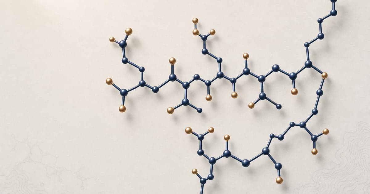 TB-500 heptapeptide Ac-LKKTETQ ball-and-stick structure in deep navy and warm brass, a fragment of thymosin beta-4