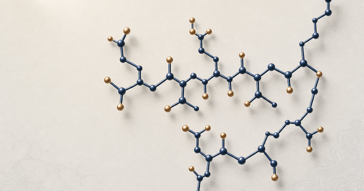 TB-500 heptapeptide Ac-LKKTETQ ball-and-stick structure in deep navy and warm brass, a fragment of thymosin beta-4