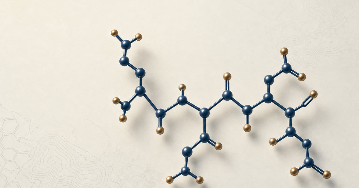 Testagen tetrapeptide Lys-Glu-Asp-Gly ball-and-stick structure in deep navy and warm brass on cream