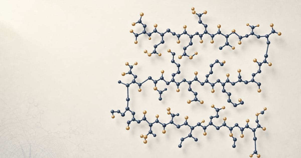 Thymosin Alpha-1 ball-and-stick molecular structure in deep navy and warm brass, the 28-amino-acid thymic immune peptide
