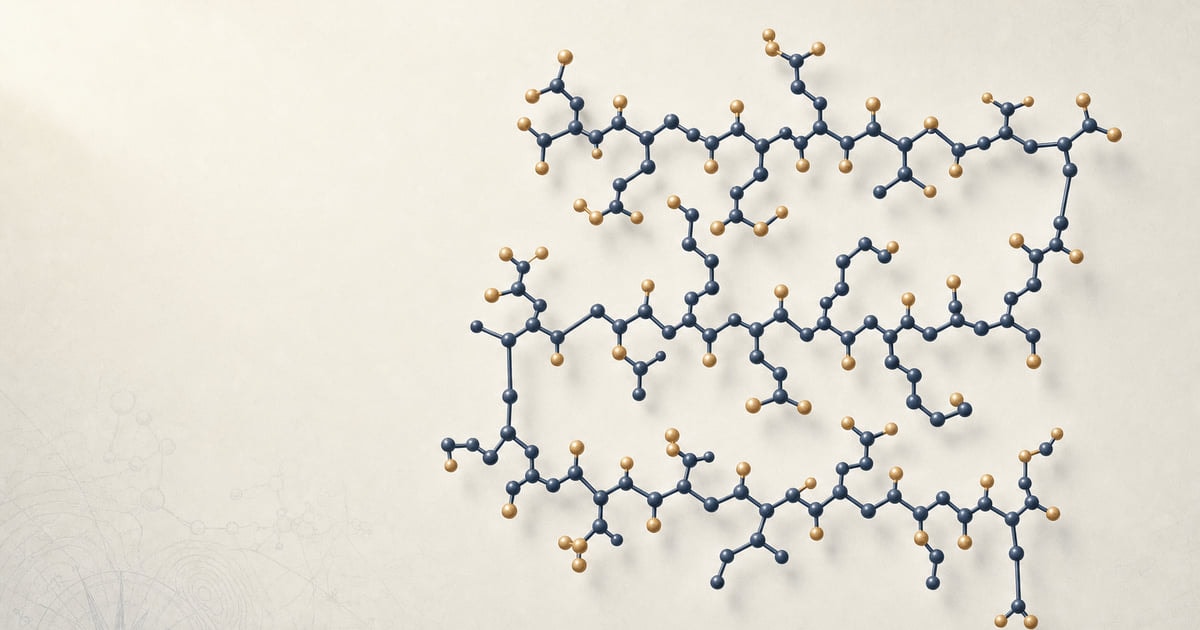 Thymosin Alpha-1 ball-and-stick molecular structure in deep navy and warm brass, the 28-amino-acid thymic immune peptide