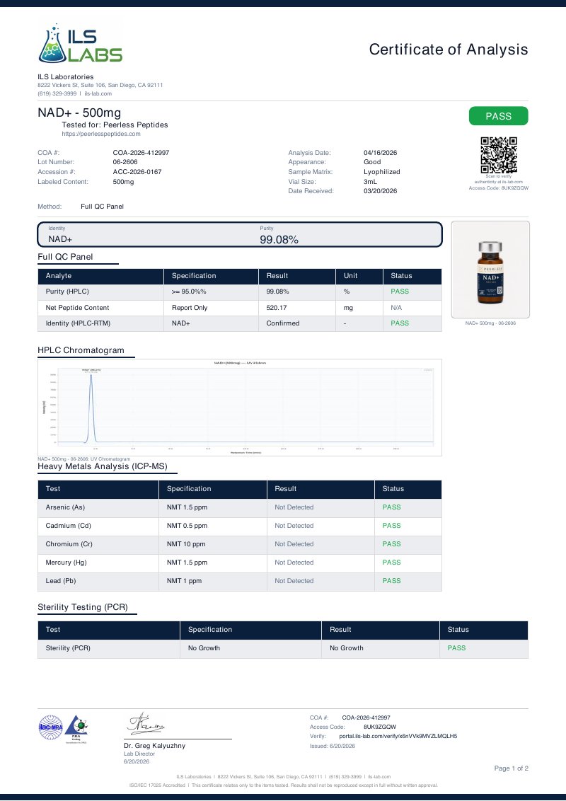 NAD+ 500mg lot 06-2606 certificate of analysis