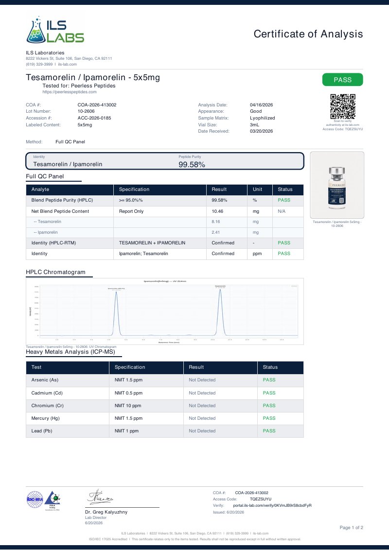 Tesamorelin + Ipamorelin 5x5mg lot 10-2606 certificate of analysis